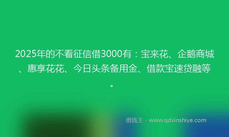 2025年的不看征信借3000有：宝来花、企鹅商城、惠享花花、今日头条备用金、借款宝速贷融等。