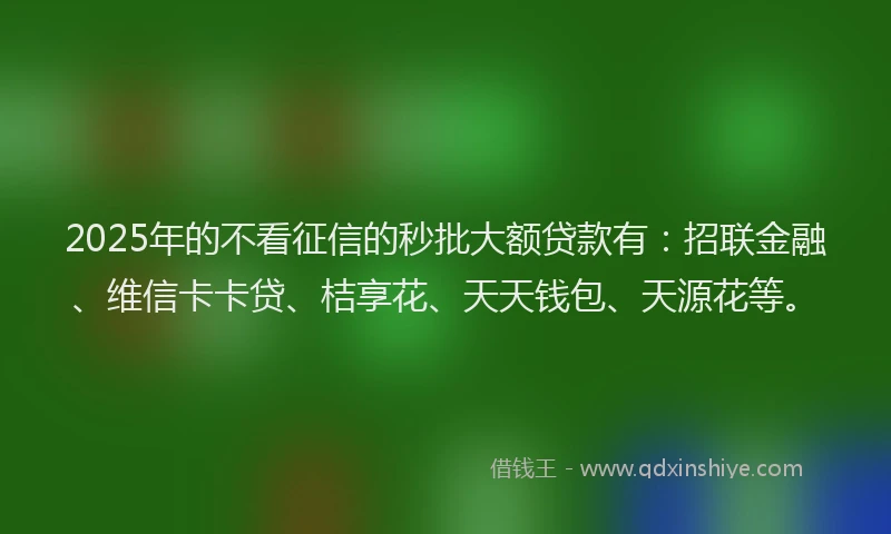 2025年的不看征信的秒批大额贷款有：招联金融、维信卡卡贷、桔享花、天天钱包、天源花等。