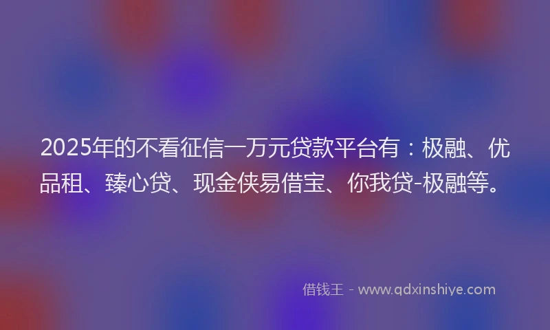 2025年的不看征信一万元贷款平台有：极融、优品租、臻心贷、现金侠易借宝、你我贷-极融等。