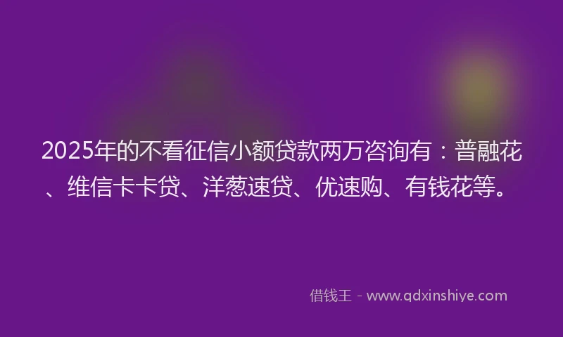 2025年的不看征信小额贷款两万咨询有：普融花、维信卡卡贷、洋葱速贷、优速购、有钱花等。