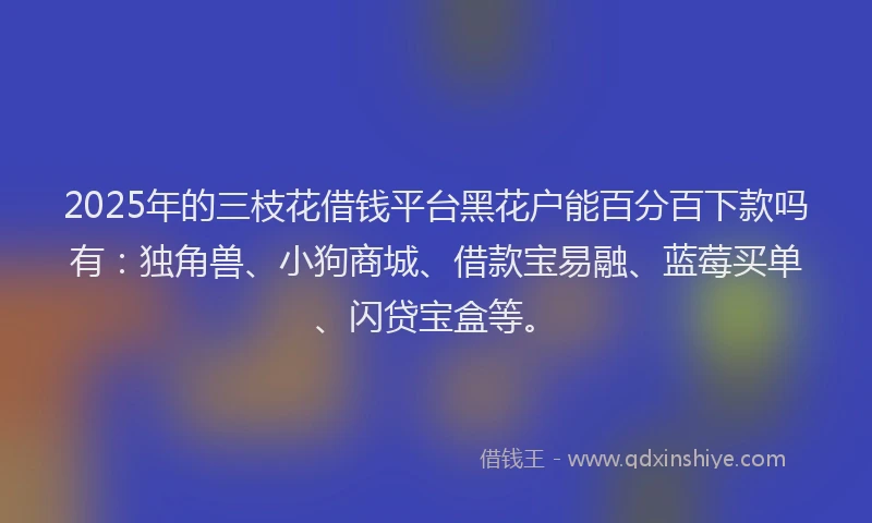 2025年的三枝花借钱平台黑花户能百分百下款吗有：独角兽、小狗商城、借款宝易融、蓝莓买单、闪贷宝盒等。