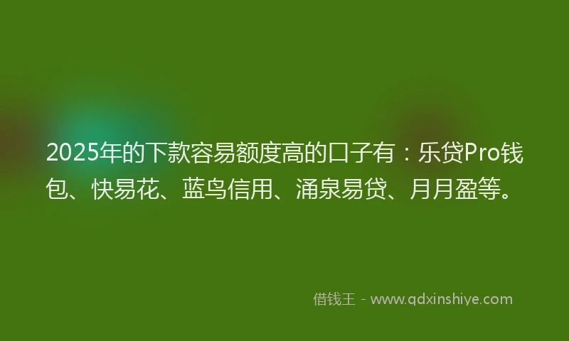 2025年的下款容易额度高的口子有：乐贷Pro钱包、快易花、蓝鸟信用、涌泉易贷、月月盈等。