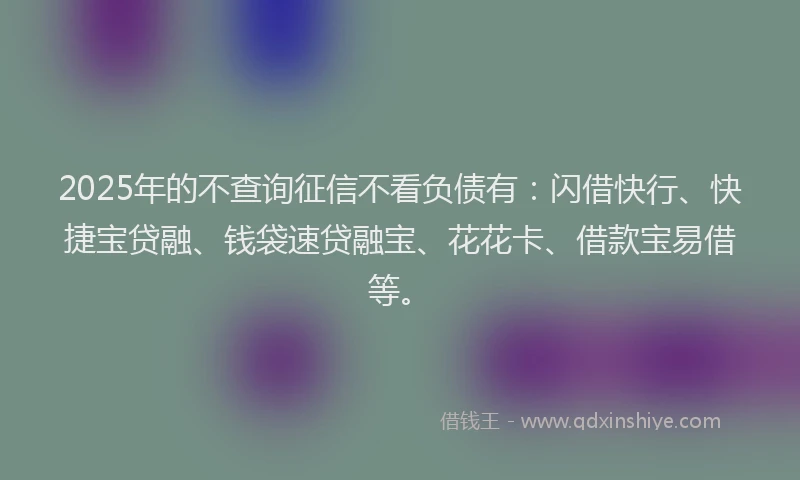 2025年的不查询征信不看负债有：闪借快行、快捷宝贷融、钱袋速贷融宝、花花卡、借款宝易借等。