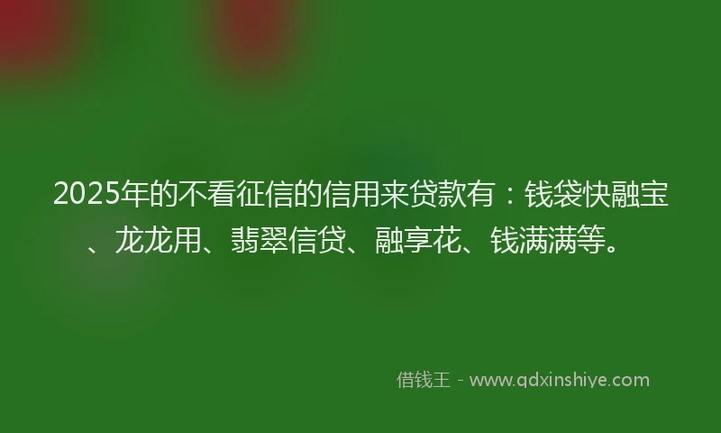 2025年的不看征信的信用来贷款有：钱袋快融宝、龙龙用、翡翠信贷、融享花、钱满满等。