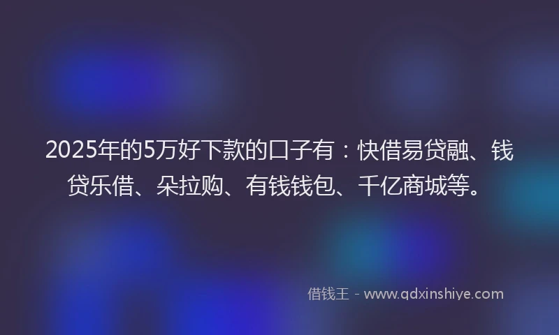 2025年的5万好下款的口子有：快借易贷融、钱贷乐借、朵拉购、有钱钱包、千亿商城等。