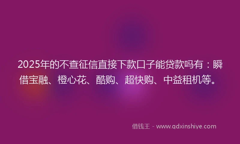 2025年的不查征信直接下款口子能贷款吗有：瞬借宝融、橙心花、酷购、超快购、中益租机等。