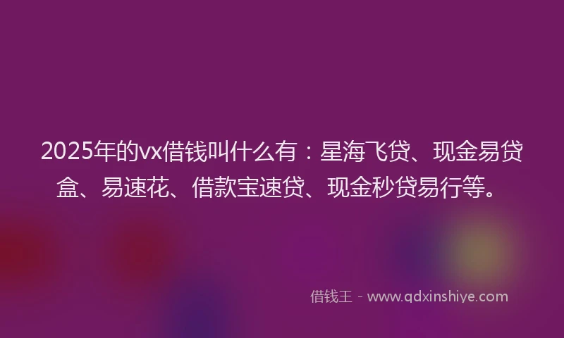 2025年的vx借钱叫什么有：星海飞贷、现金易贷盒、易速花、借款宝速贷、现金秒贷易行等。