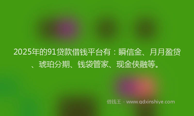 2025年的91贷款借钱平台有：瞬信金、月月盈贷、琥珀分期、钱袋管家、现金侠融等。