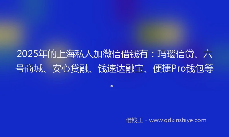 2025年的上海私人加微信借钱有：玛瑙信贷、六号商城、安心贷融、钱速达融宝、便捷Pro钱包等。