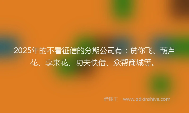 2025年的不看征信的分期公司有：贷你飞、葫芦花、享来花、功夫快借、众帮商城等。