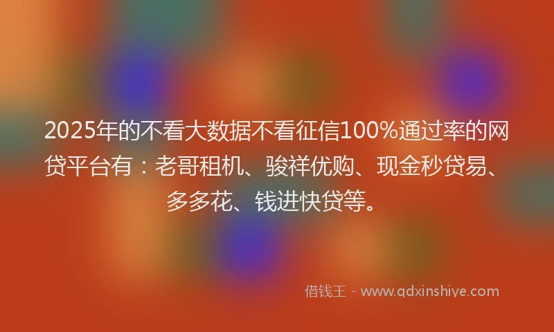 2025年的不看大数据不看征信100%通过率的网贷平台有：老哥租机、骏祥优购、现金秒贷易、多多花、钱进快贷等。