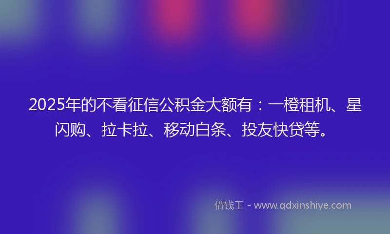 2025年的不看征信公积金大额有：一橙租机、星闪购、拉卡拉、移动白条、投友快贷等。