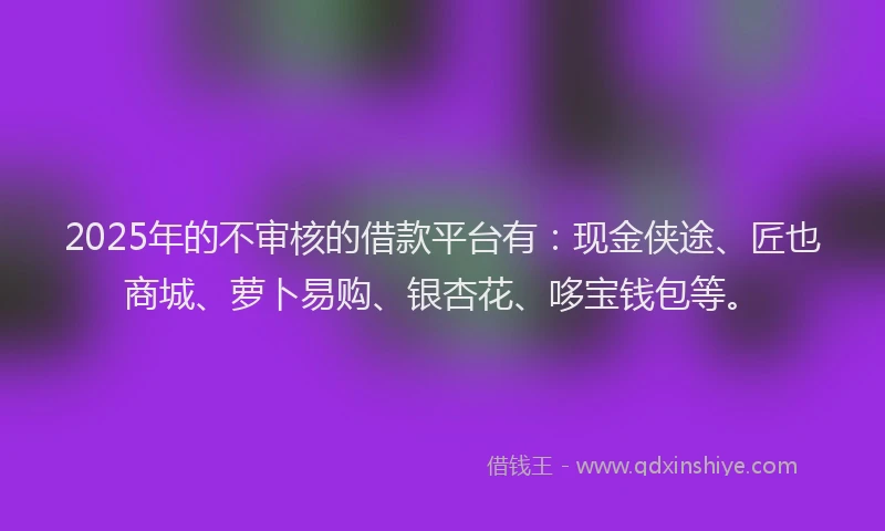 2025年的不审核的借款平台有：现金侠途、匠也商城、萝卜易购、银杏花、哆宝钱包等。