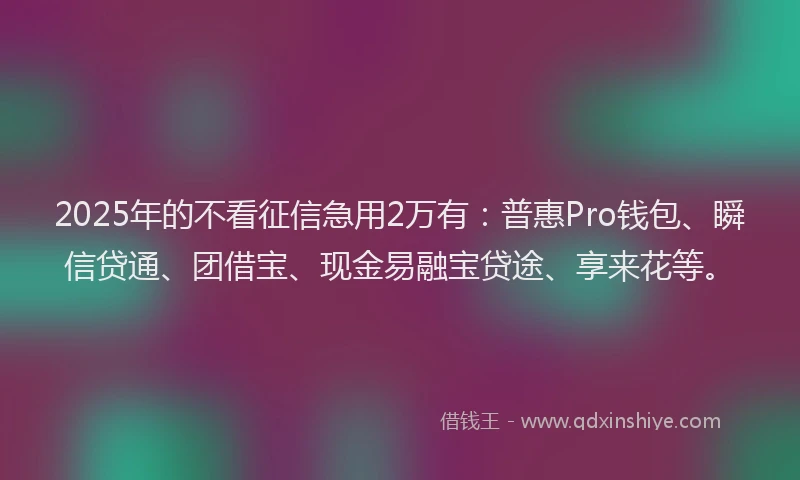 2025年的不看征信急用2万有：普惠Pro钱包、瞬信贷通、团借宝、现金易融宝贷途、享来花等。