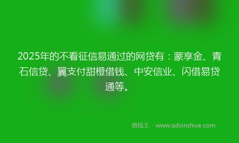 2025年的不看征信易通过的网贷有：蒙享金、青石信贷、翼支付甜橙借钱、中安信业、闪借易贷通等。