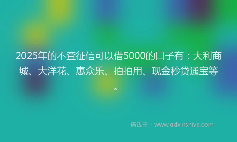 2025年的不查征信可以借5000的口子有：大利商城、大洋花、惠众乐、拍拍用、现金秒贷通宝等。