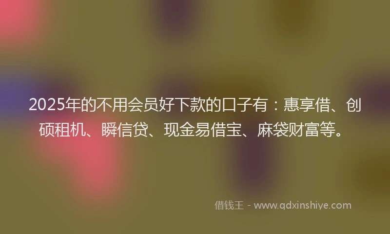 2025年的不用会员好下款的口子有：惠享借、创硕租机、瞬信贷、现金易借宝、麻袋财富等。
