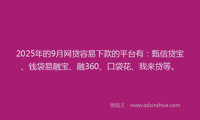 2025年的9月网贷容易下款的平台有：甄信贷宝、钱袋易融宝、融360、口袋花、我来贷等。