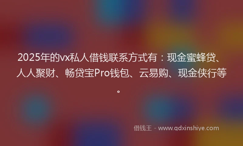 2025年的vx私人借钱联系方式有：现金蜜蜂贷、人人聚财、畅贷宝Pro钱包、云易购、现金侠行等。
