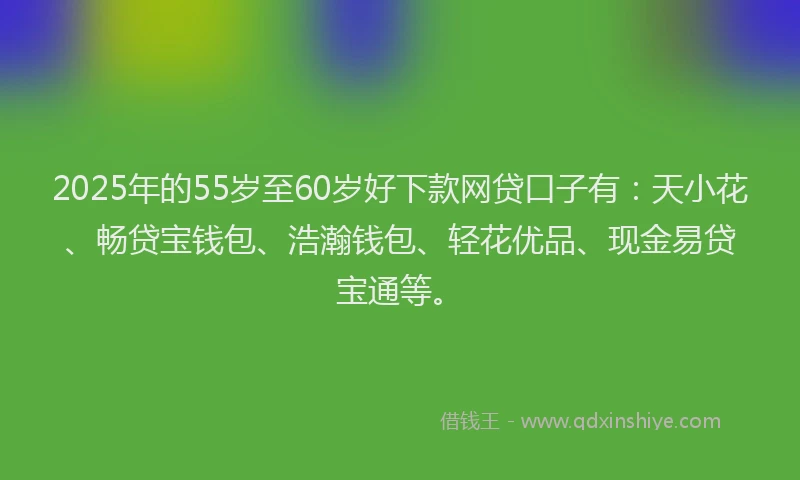 2025年的55岁至60岁好下款网贷口子有：天小花、畅贷宝钱包、浩瀚钱包、轻花优品、现金易贷宝通等。