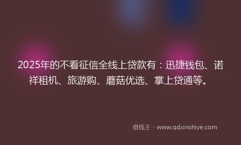 2025年的不看征信全线上贷款有：迅捷钱包、诺祥租机、旅游购、蘑菇优选、掌上贷通等。