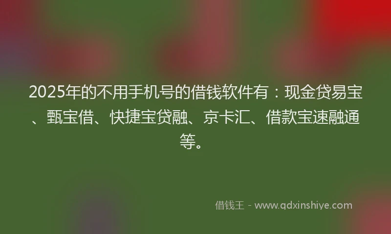 2025年的不用手机号的借钱软件有：现金贷易宝、甄宝借、快捷宝贷融、京卡汇、借款宝速融通等。