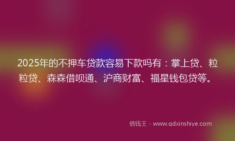 2025年的不押车贷款容易下款吗有：掌上贷、粒粒贷、森森借呗通、沪商财富、福星钱包贷等。