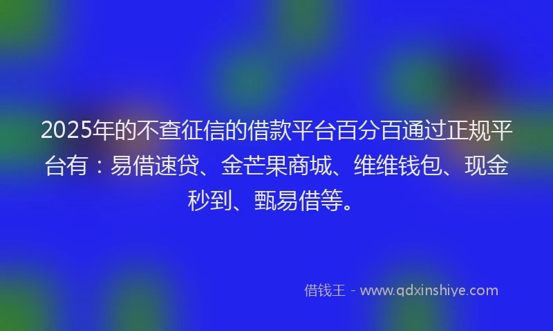 2025年的不查征信的借款平台百分百通过正规平台有：易借速贷、金芒果商城、维维钱包、现金秒到、甄易借等。