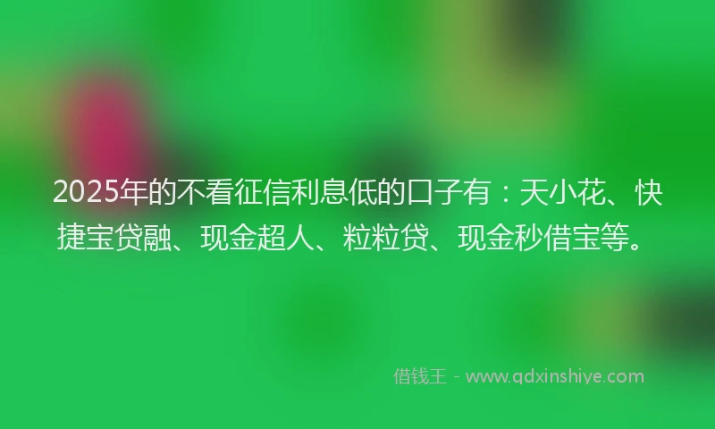 2025年的不看征信利息低的口子有：天小花、快捷宝贷融、现金超人、粒粒贷、现金秒借宝等。