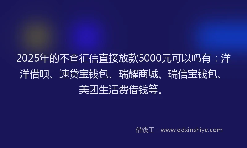 2025年的不查征信直接放款5000元可以吗有：洋洋借呗、速贷宝钱包、瑞耀商城、瑞信宝钱包、美团生活费借钱等。