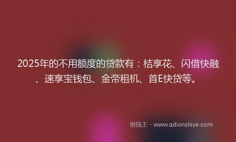 2025年的不用额度的贷款有：桔享花、闪借快融、速享宝钱包、金帝租机、首E快贷等。