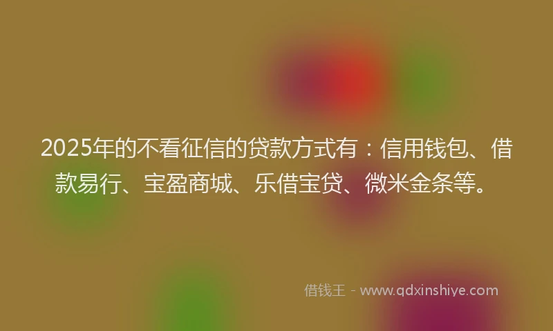 2025年的不看征信的贷款方式有：信用钱包、借款易行、宝盈商城、乐借宝贷、微米金条等。