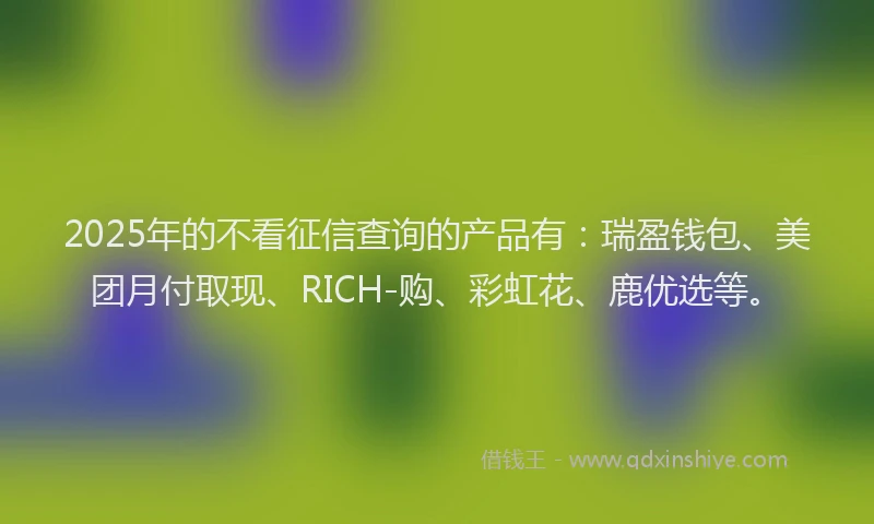 2025年的不看征信查询的产品有：瑞盈钱包、美团月付取现、RICH-购、彩虹花、鹿优选等。