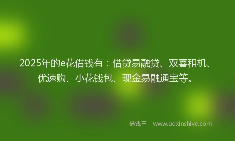 2025年的e花借钱有：借贷易融贷、双喜租机、优速购、小花钱包、现金易融通宝等。