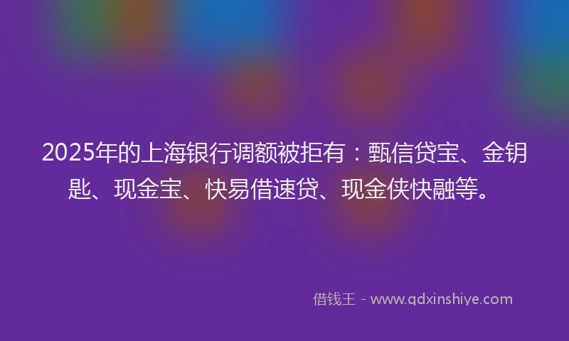 2025年的上海银行调额被拒有：甄信贷宝、金钥匙、现金宝、快易借速贷、现金侠快融等。