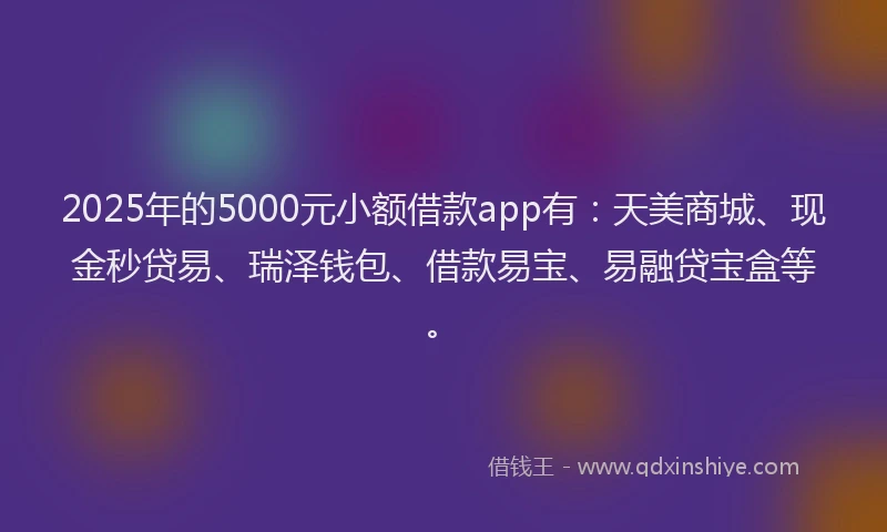 2025年的5000元小额借款app有：天美商城、现金秒贷易、瑞泽钱包、借款易宝、易融贷宝盒等。