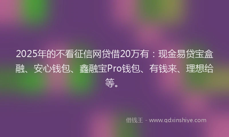 2025年的不看征信网贷借20万有：现金易贷宝盒融、安心钱包、鑫融宝Pro钱包、有钱来、理想给等。