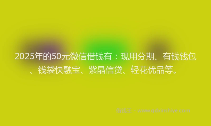 2025年的50元微信借钱有：现用分期、有钱钱包、钱袋快融宝、紫晶信贷、轻花优品等。
