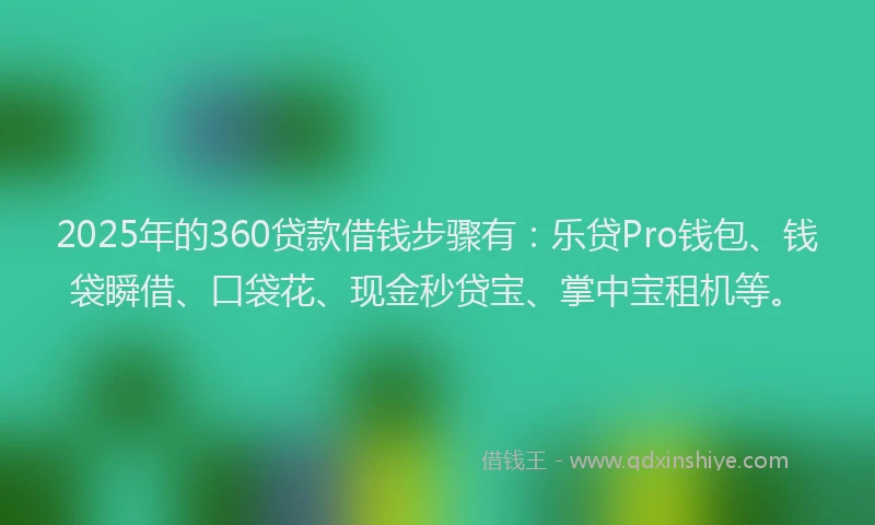 2025年的360贷款借钱步骤有：乐贷Pro钱包、钱袋瞬借、口袋花、现金秒贷宝、掌中宝租机等。