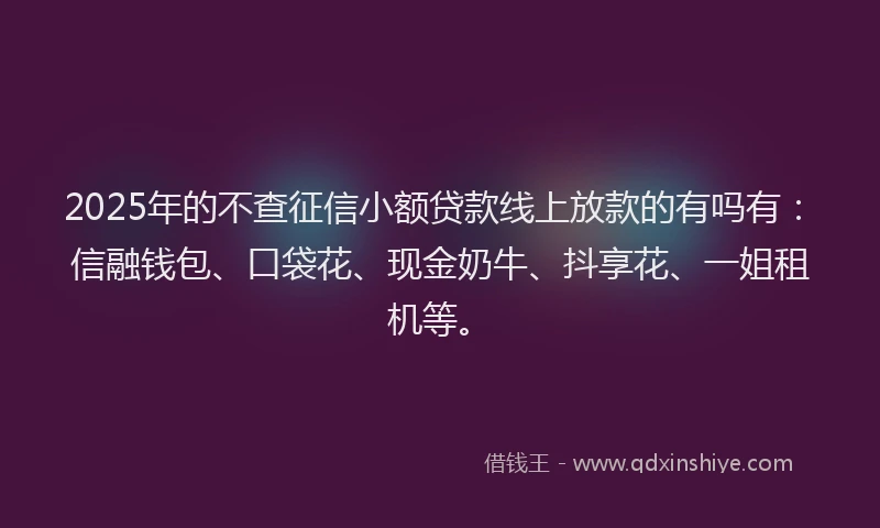 2025年的不查征信小额贷款线上放款的有吗有：信融钱包、口袋花、现金奶牛、抖享花、一姐租机等。