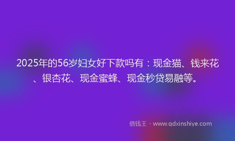 2025年的56岁妇女好下款吗有：现金猫、钱来花、银杏花、现金蜜蜂、现金秒贷易融等。