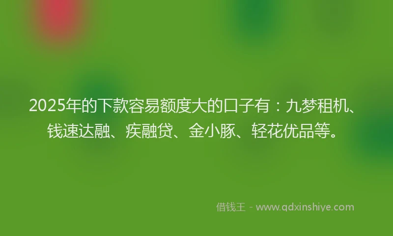 2025年的下款容易额度大的口子有：九梦租机、钱速达融、疾融贷、金小豚、轻花优品等。