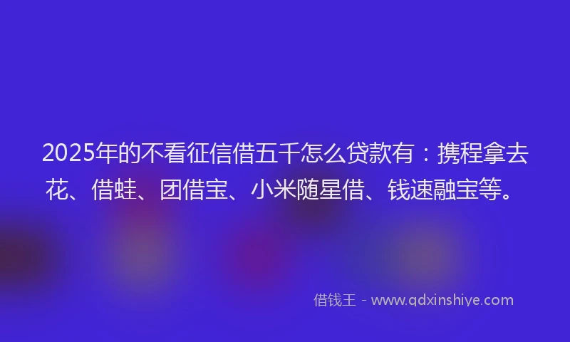 2025年的不看征信借五千怎么贷款有：携程拿去花、借蛙、团借宝、小米随星借、钱速融宝等。