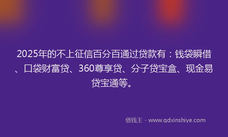 2025年的不上征信百分百通过贷款有：钱袋瞬借、口袋财富贷、360尊享贷、分子贷宝盒、现金易贷宝通等。