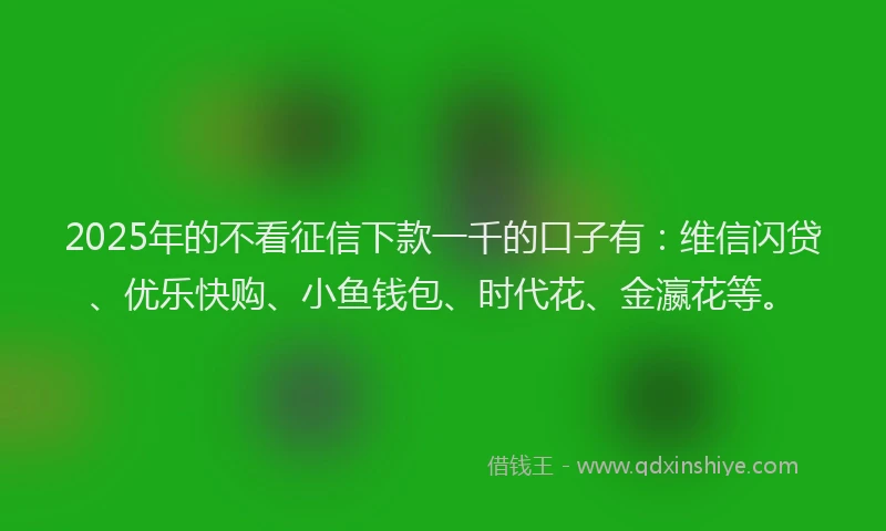 2025年的不看征信下款一千的口子有：维信闪贷、优乐快购、小鱼钱包、时代花、金瀛花等。