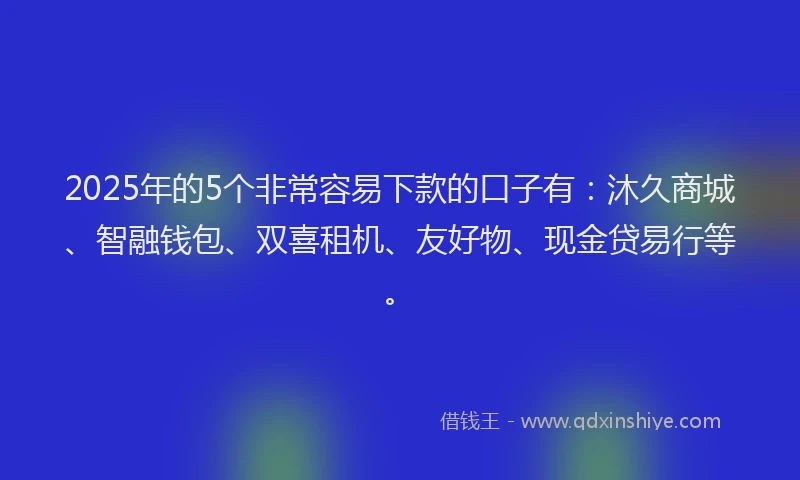 2025年的5个非常容易下款的口子有：沐久商城、智融钱包、双喜租机、友好物、现金贷易行等。