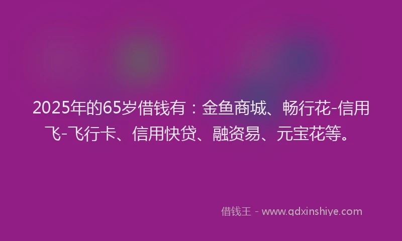 2025年的65岁借钱有：金鱼商城、畅行花-信用飞-飞行卡、信用快贷、融资易、元宝花等。