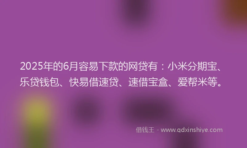 2025年的6月容易下款的网贷有：小米分期宝、乐贷钱包、快易借速贷、速借宝盒、爱帮米等。
