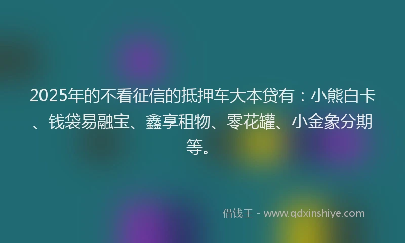 2025年的不看征信的抵押车大本贷有：小熊白卡、钱袋易融宝、鑫享租物、零花罐、小金象分期等。