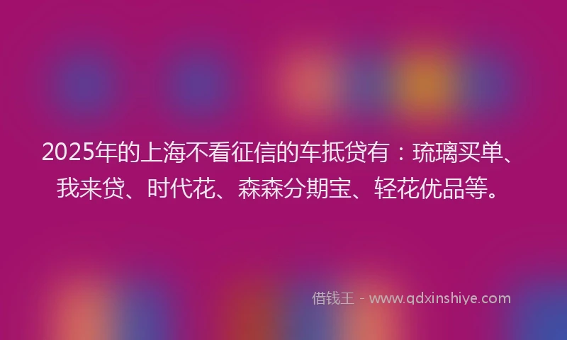 2025年的上海不看征信的车抵贷有：琉璃买单、我来贷、时代花、森森分期宝、轻花优品等。